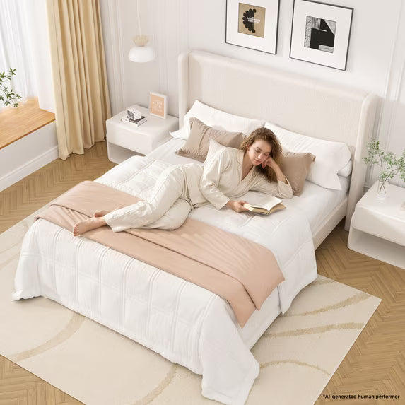 Frostbloom Full Size Boucle Upholstered Platform Bed Frame with Wingback Headboard, Beige