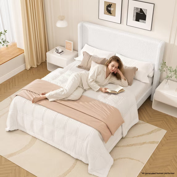 Frostbloom Full Size Boucle Upholstered Platform Bed Frame with Wingback Headboard, White