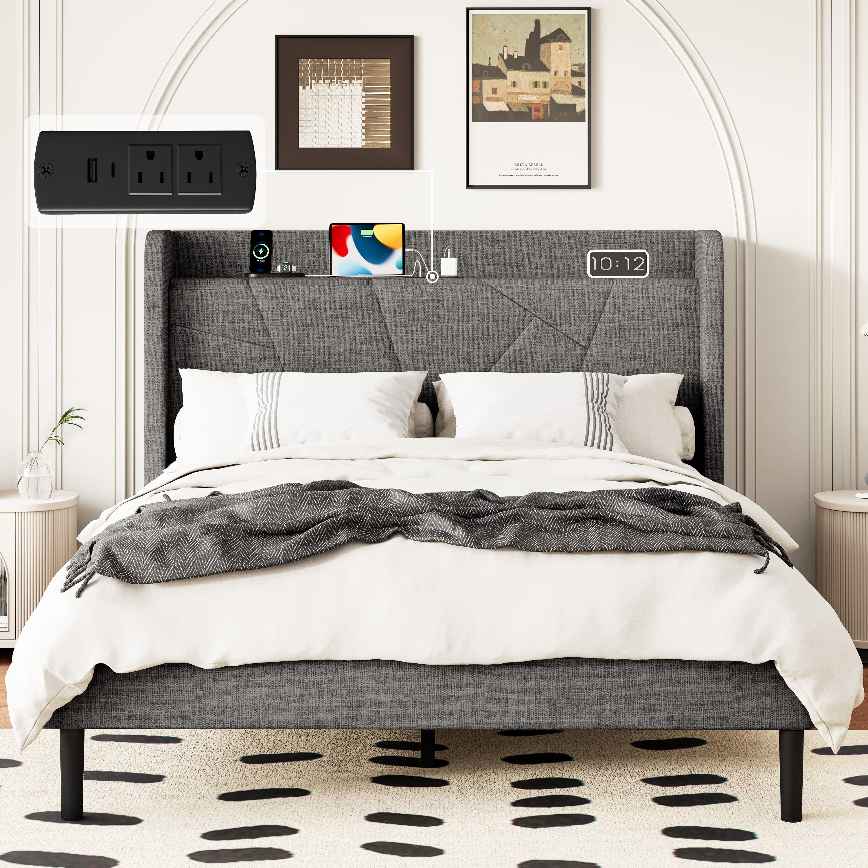 Frostbloom Platform Bed Frame with USB & Type-C Chargers