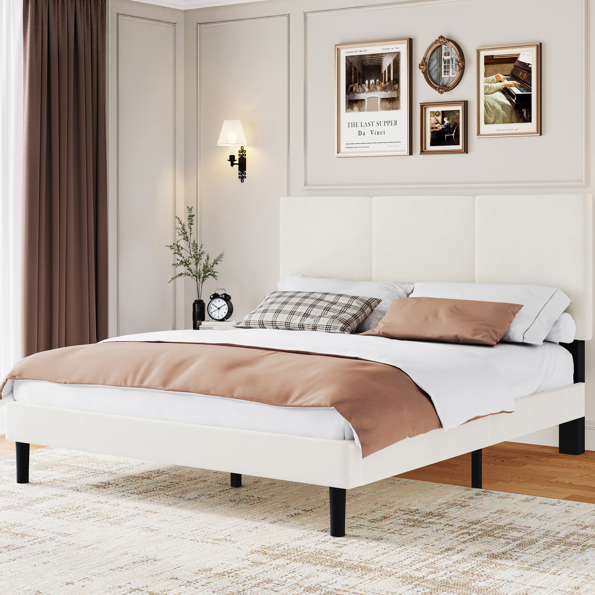 Frostbloom Full Size Velvet Upholstered Platform Bed Frame with Headboard, Metal Frame and Wood Slats, No Box Spring Needed, Off-White