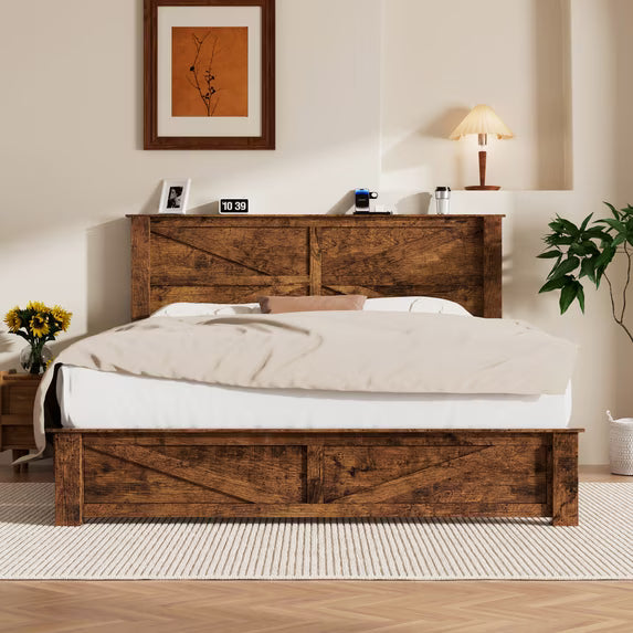 Frostbloom King Platform Bed Frame with Wooden Headboard, Natural Wood Grain, Brown