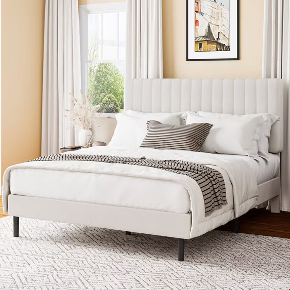 Frostbloom Queen Size Platform Bed Frame with Velvet Upholstered Headboard, Off-white
