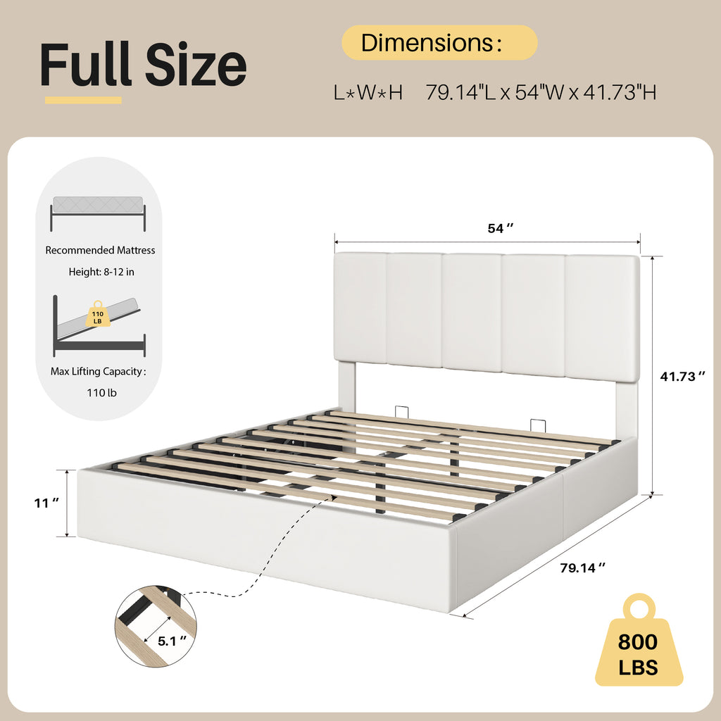 Frostbloom Full Size Lift-Up Storage Platform Bed with Velvet Wide Vertical Channel Tufted Upholstered Headboard, White