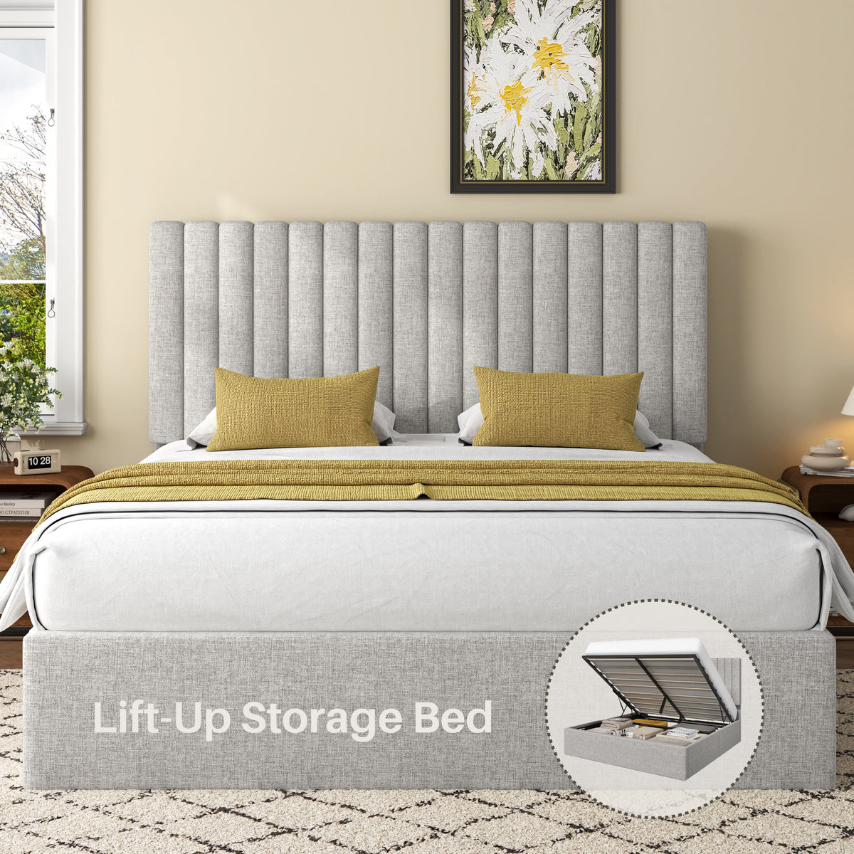 Frostbloom Queen Size Lift-Up Storage Platform Bed with Vertical-Stripe Velvet Upholstered Headboard, Light Gray