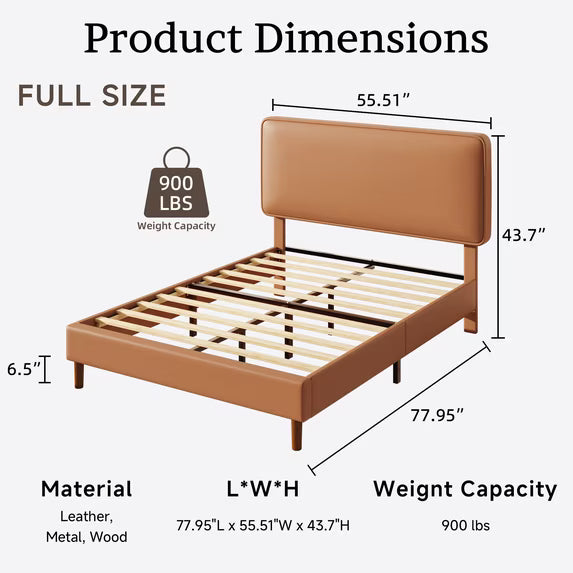 Frostbloom Full Bed Frame, Upholstered Faux Leather Platform Bed with Adjustable Headboard, Orange Brown