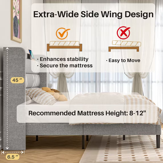 Frostbloom Full Size Bed Frame with USB & Type-C Charging Station and Linen Fabric Wingback Headboard, Light Gray