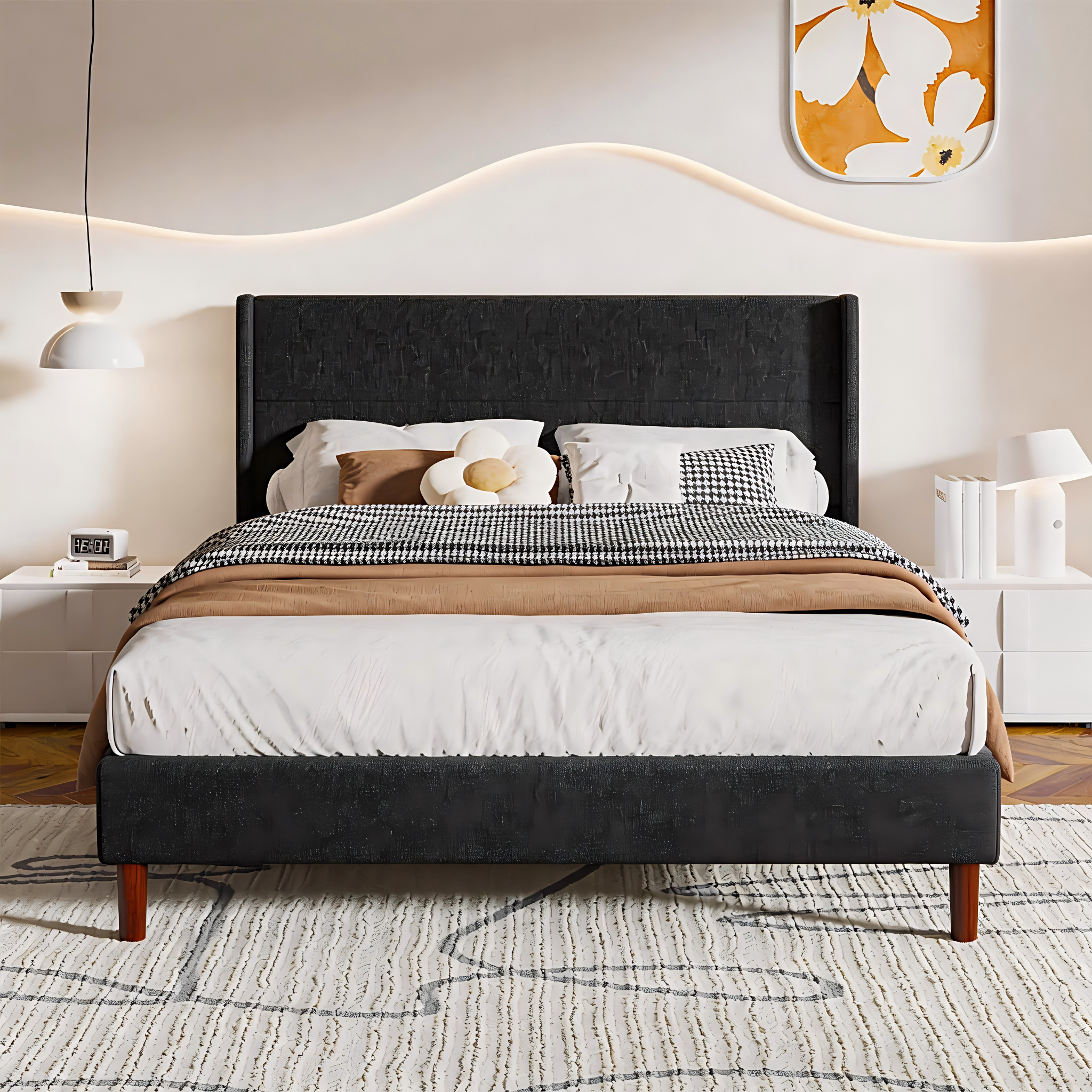 Frostbloom Platform Bed Frame, Linen Upholstered Wingback Headboard