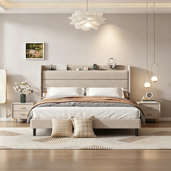 Frostbloom Bed Frame with USB & Type-C Charging Station and Wingback Headboard