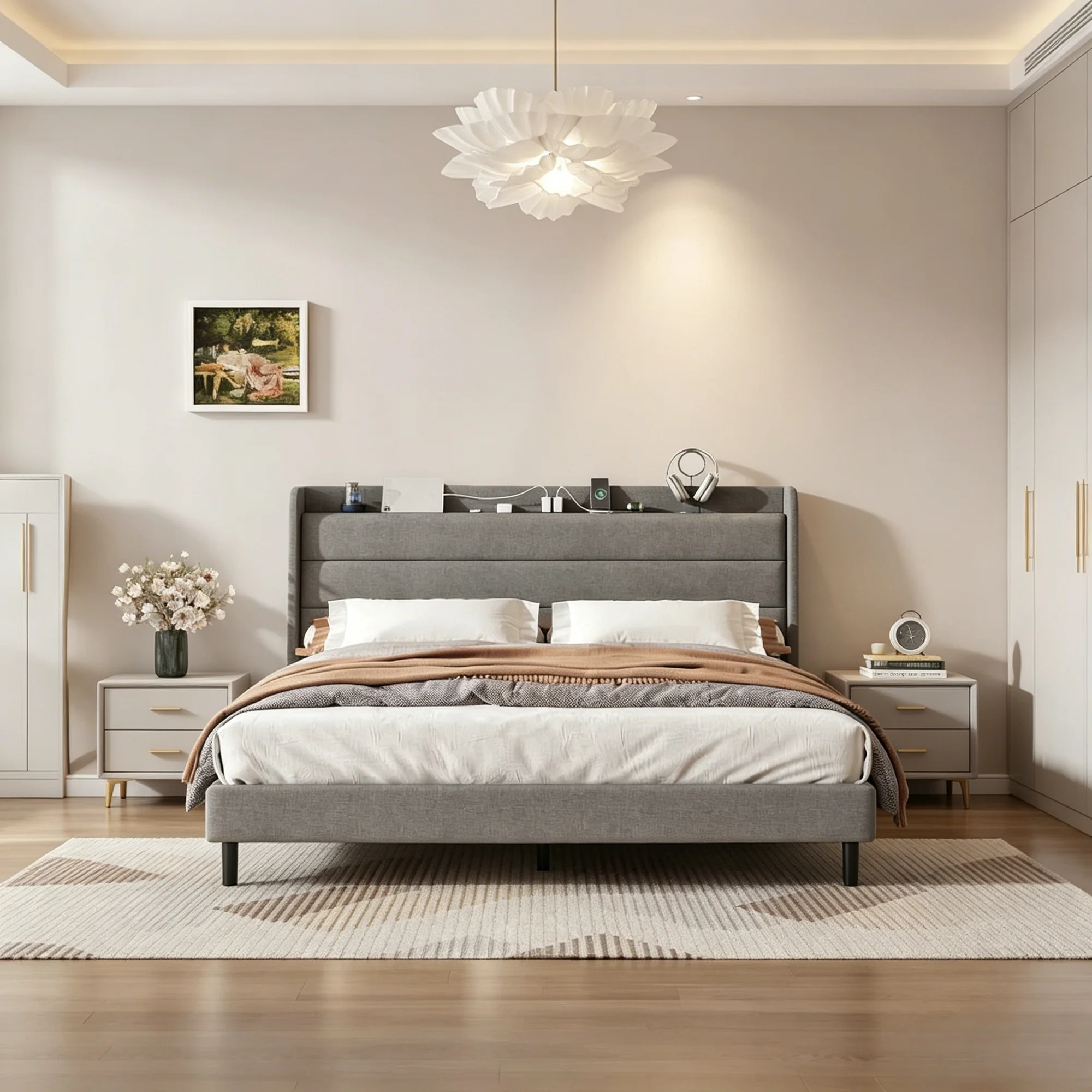 Frostbloom Bed Frame with USB & Type-C Charging Station and Wingback Headboard