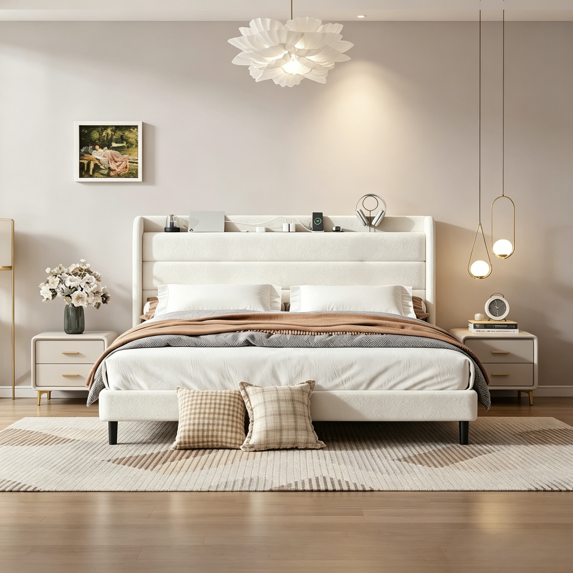 Frostbloom Bed Frame with USB & Type-C Charging Station and Wingback Headboard