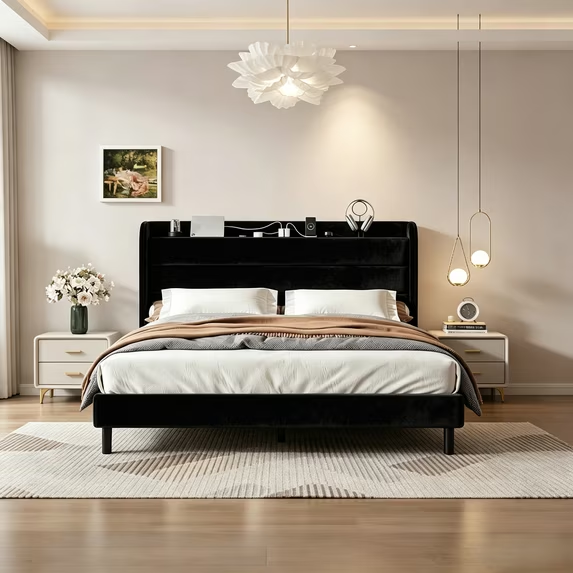Frostbloom Bed Frame with USB & Type-C Charging Station and Wingback Headboard