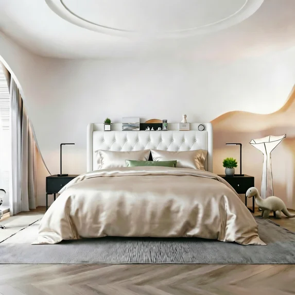 Frostbloom Bed Frame with USB & Type-C Charging, Diamond-Tufted Wingback Headboard with Storage