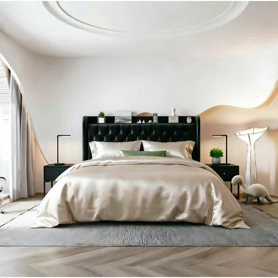 Frostbloom Bed Frame with USB & Type-C Charging, Diamond-Tufted Wingback Headboard with Storage