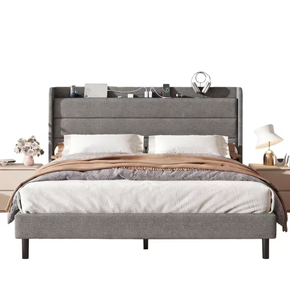 Frostbloom Bed Frame with Charging Station (USB & Type-C) and Wingback Headboard