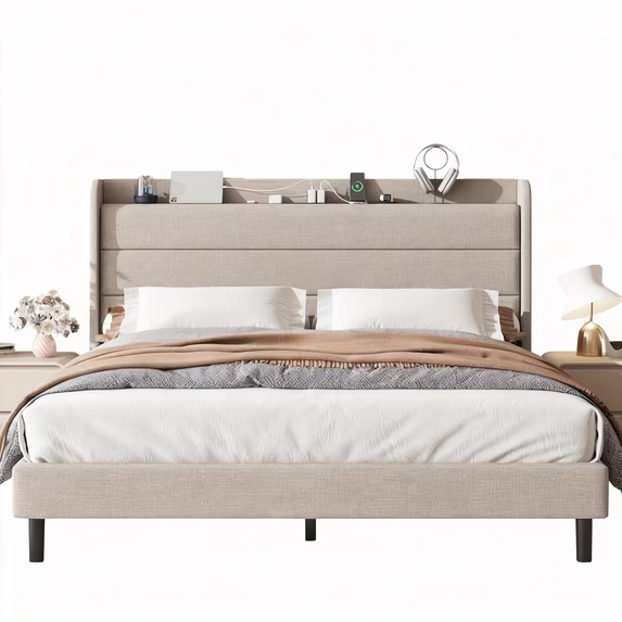Frostbloom Bed Frame with Charging Station (USB & Type-C) and Wingback Headboard