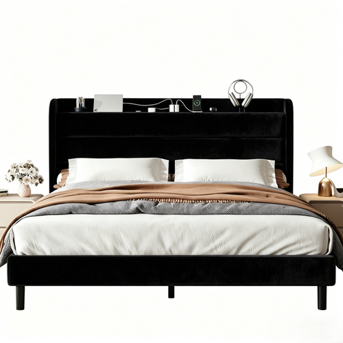 Frostbloom Bed Frame with Charging Station (USB & Type-C) and Wingback Headboard
