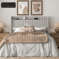 Frostbloom Full Size Bed Frame with Advanced Charging Hubs & Storage Shelf, Upholstered Linen Fabric Wingback Headboard, Light Gray