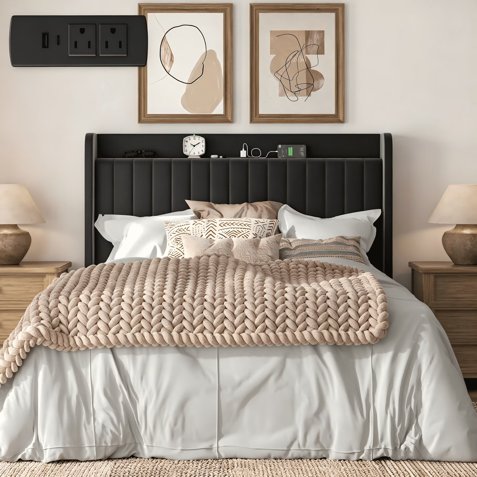 Frostbloom Bed Frame with Advanced Charging Hubs & Storage Shelf, Upholstered Linen Fabric Wingback Headboard