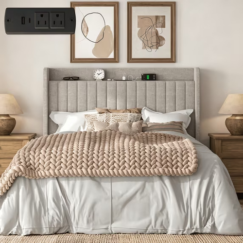 Frostbloom Bed Frame with Advanced Charging Hubs & Storage Shelf, Upholstered Linen Fabric Wingback Headboard