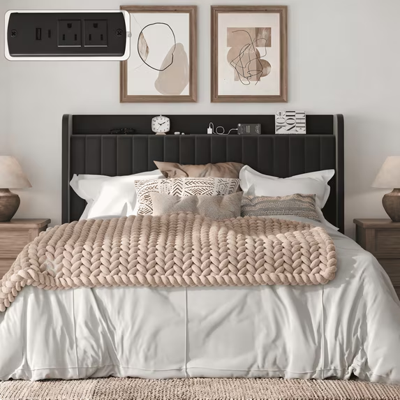 Frostbloom Bed Frame with Advanced Charging Hubs & Storage Shelf, Upholstered Linen Fabric Wingback Headboard