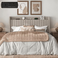 Frostbloom Queen Size Bed Frame with Advanced Charging Hubs & Storage Shelf, Upholstered Linen Fabric Wingback Headboard, Beige