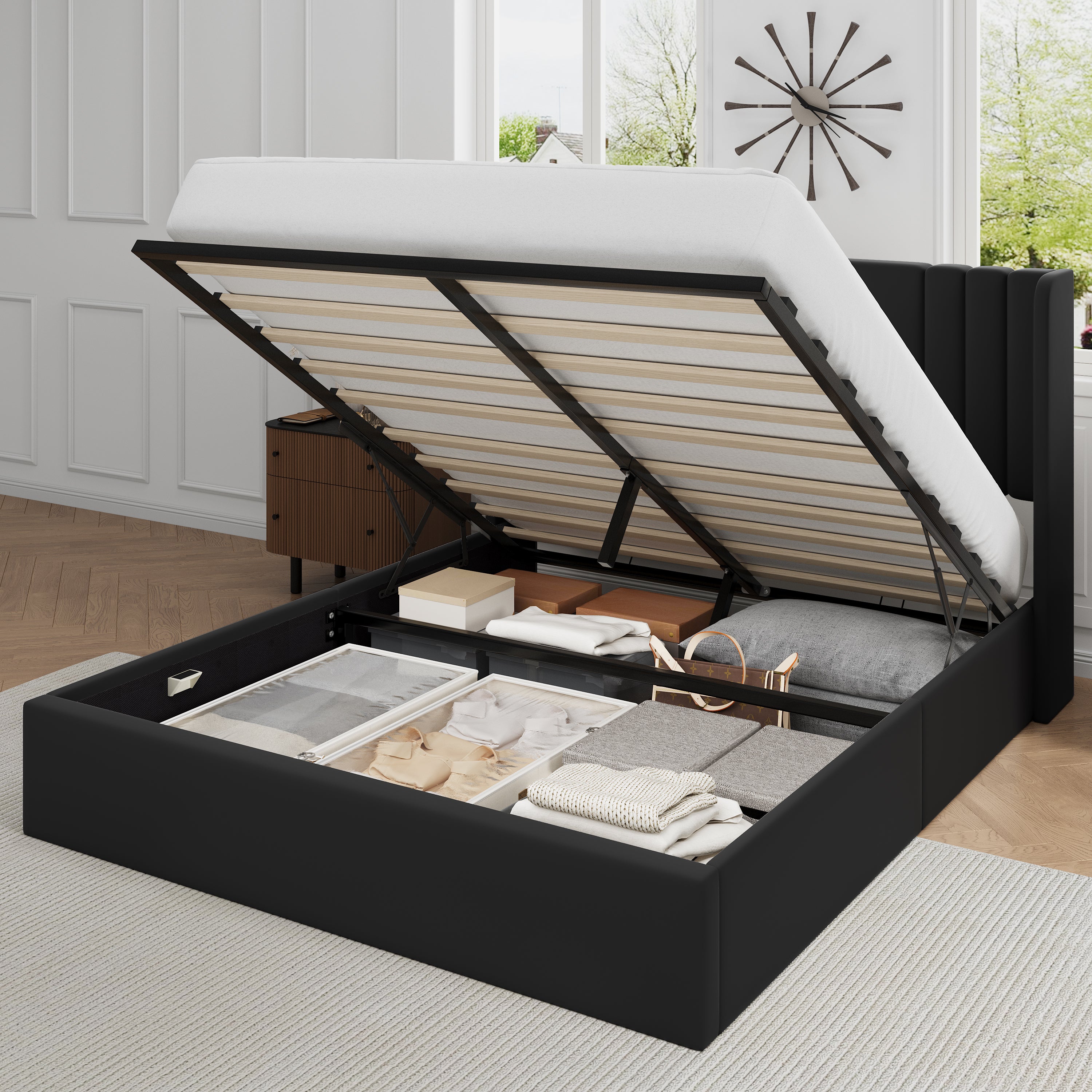 Frostbloom Lift Up Velvet Bed with Vertical Striped Wingback Headboard and Under-bed Storage