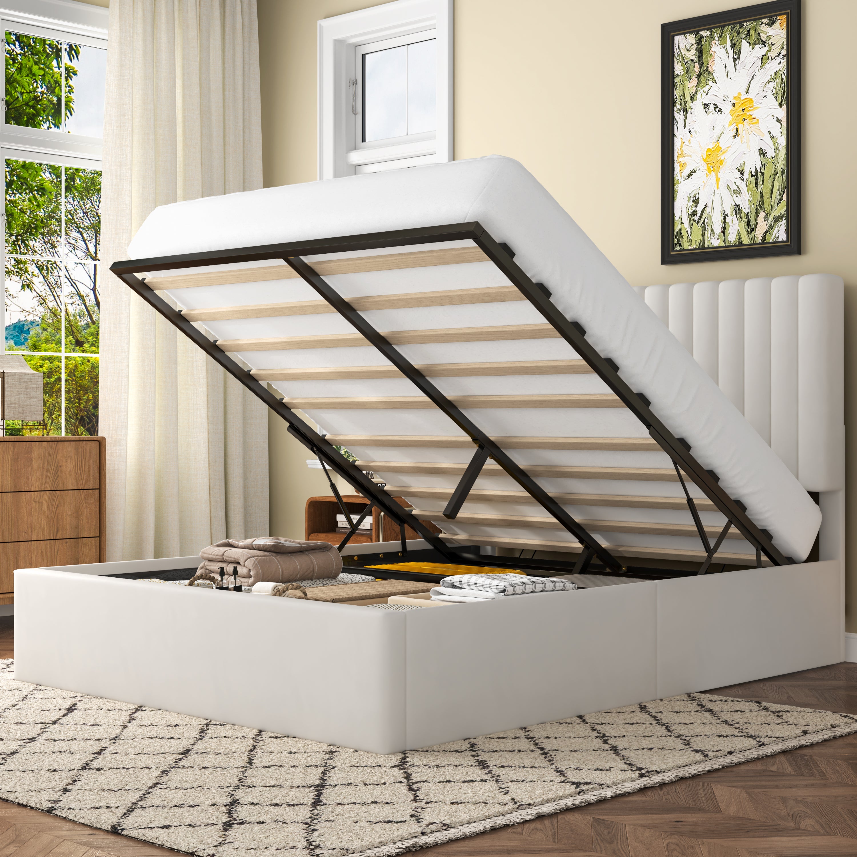 Frostbloom Lift-Up Storage Platform Bed with Vertical-Stripe Velvet Upholstered Headboard