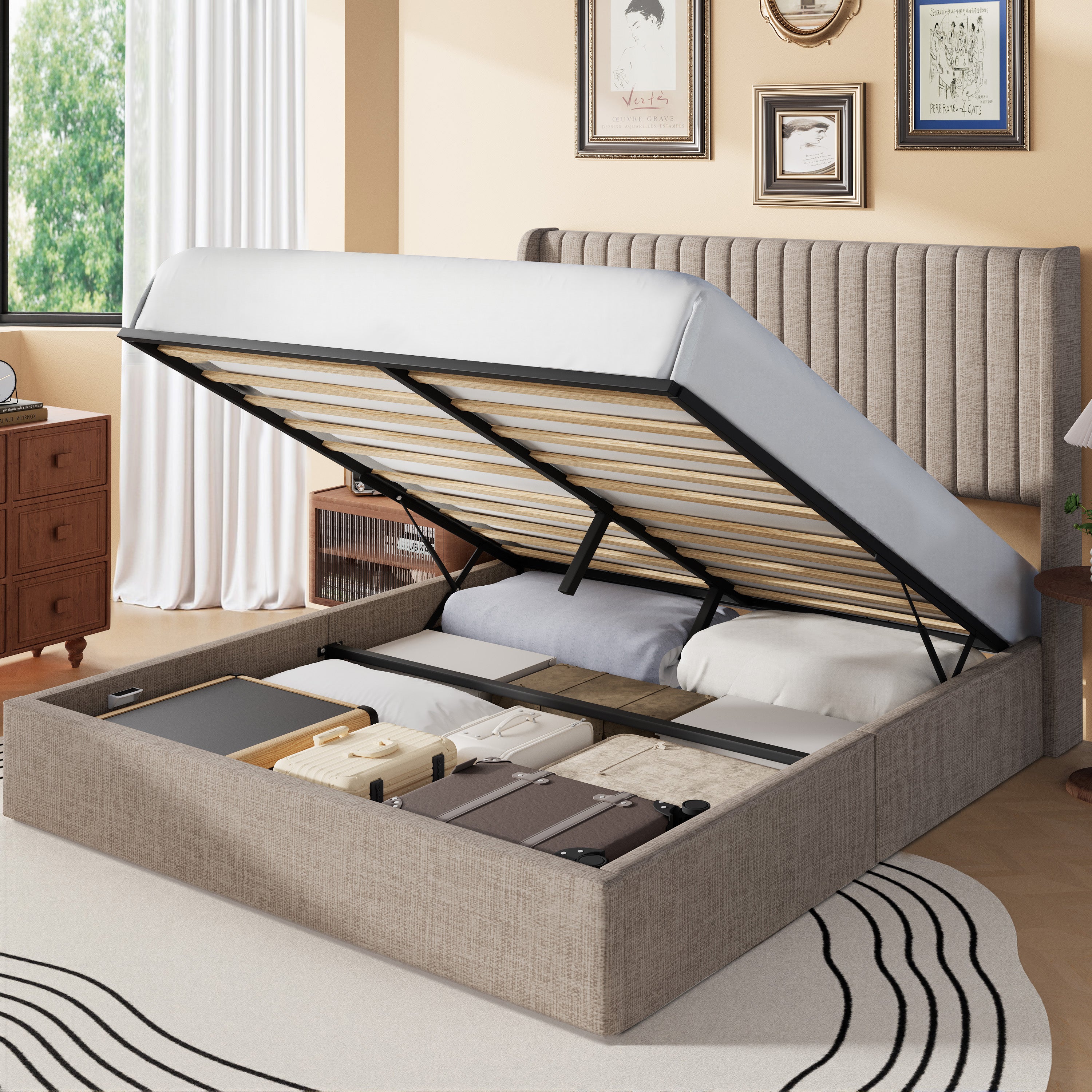 Frostbloom Lift Up Storage Bed with Wingback Headboard