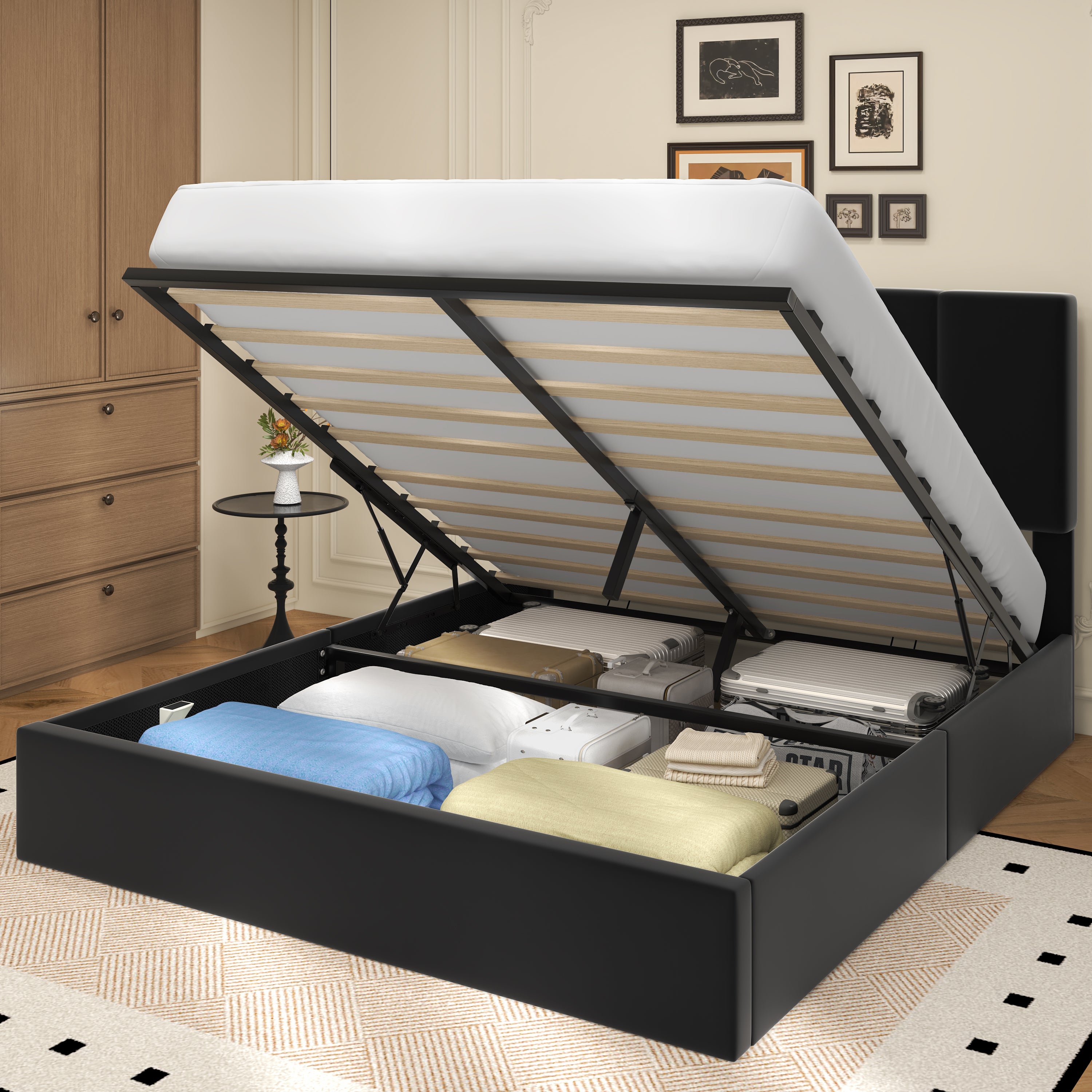 Frostbloom Lift-Up Storage Platform Bed with Velvet Wide Vertical Channel Tufted Upholstered Headboard