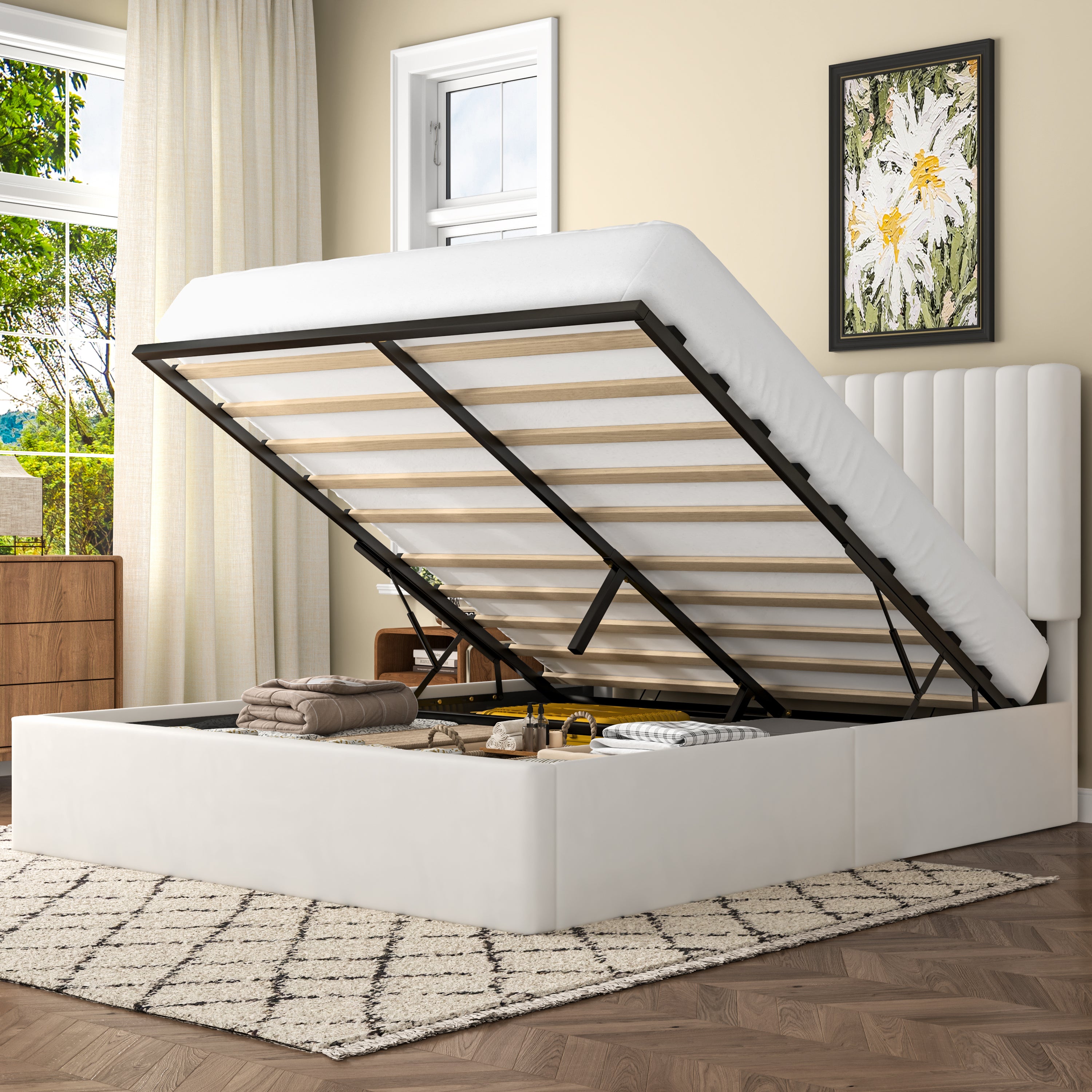 Frostbloom Lift-Up Storage Platform Bed with Vertical-Stripe Velvet Upholstered Headboard