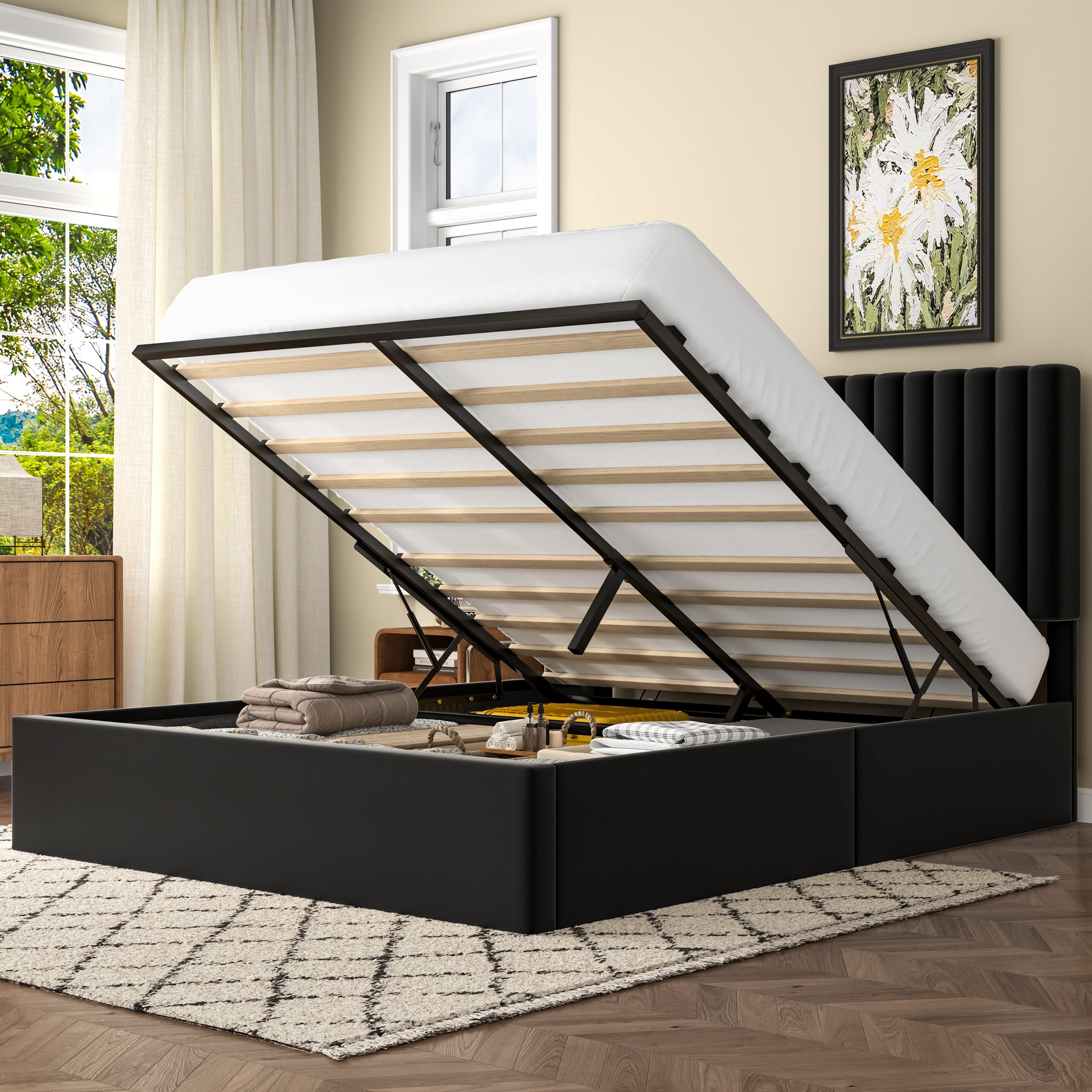 Frostbloom Lift-Up Storage Platform Bed with Vertical-Stripe Velvet Upholstered Headboard