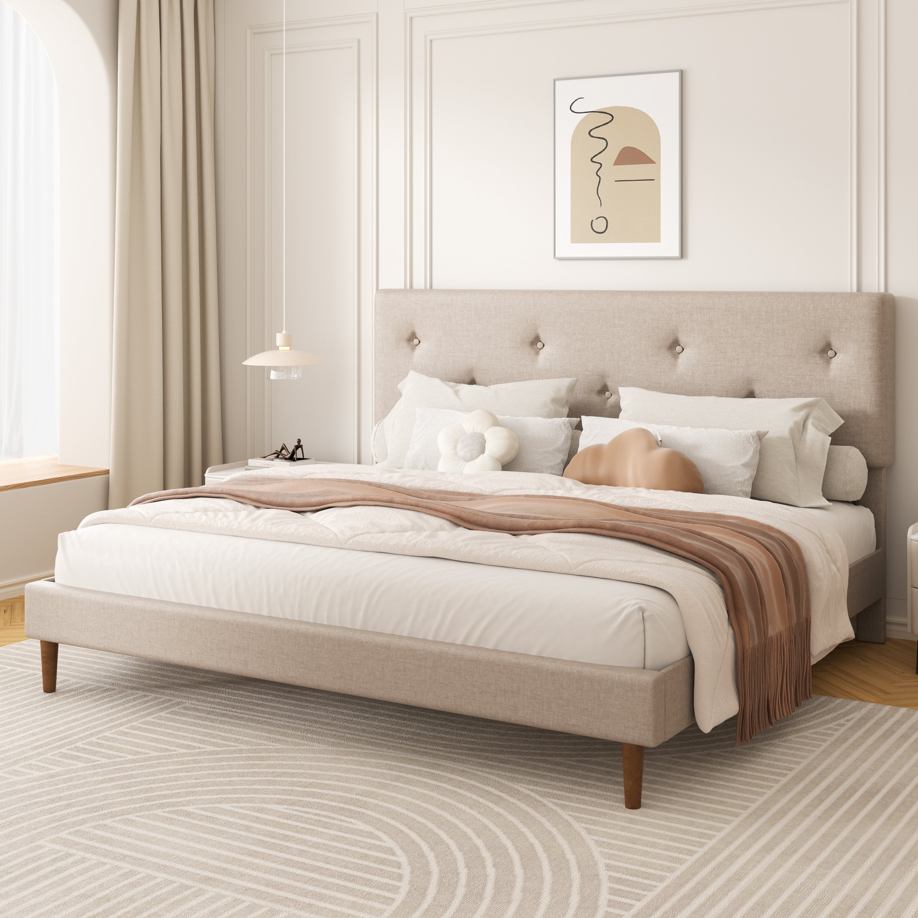 Frostbloom Linen Upholstered Platform Bed Frame with Adjustable Headboard