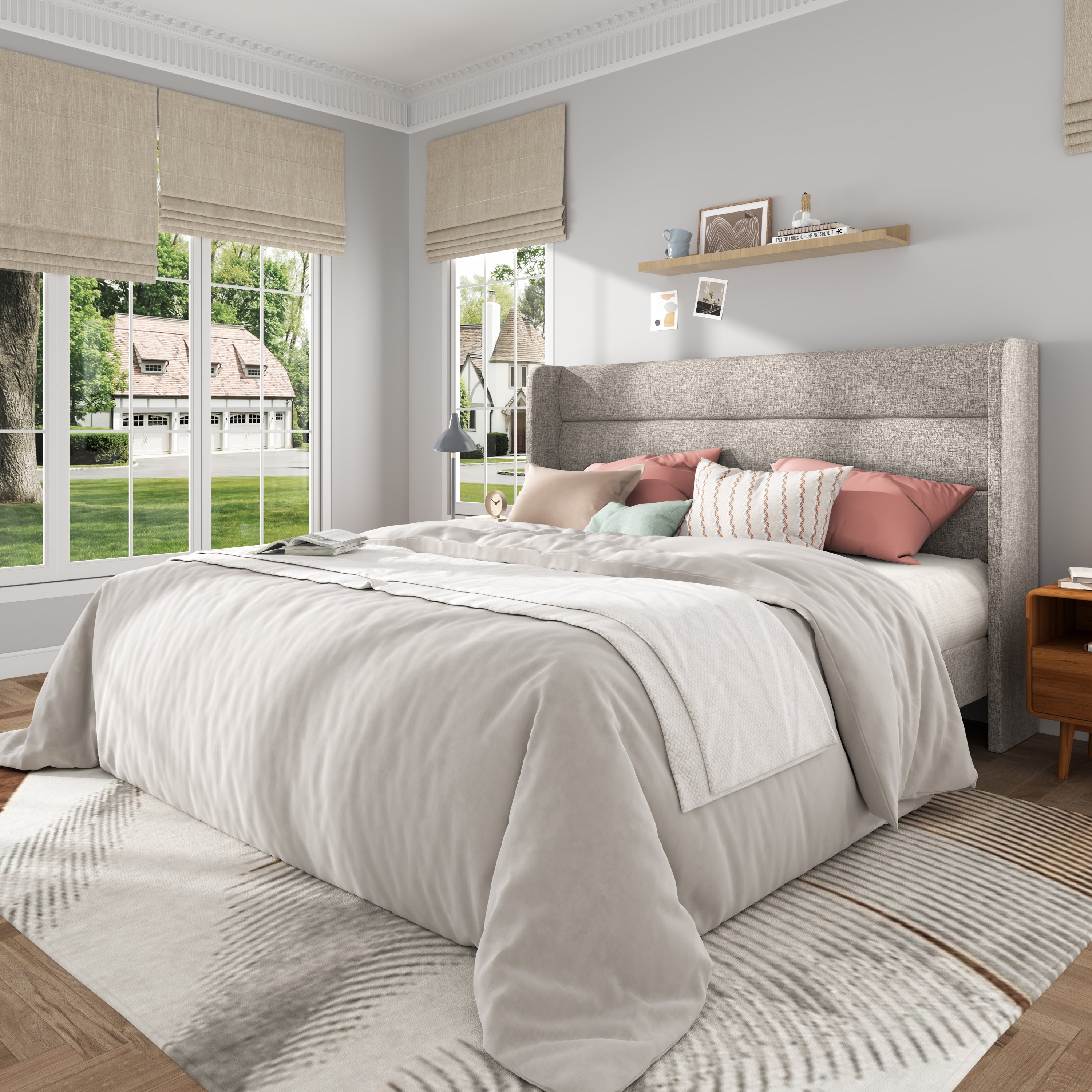 Frostbloom Bed Frame with  Upholstered Wingback Headboard, No Box Spring Needed