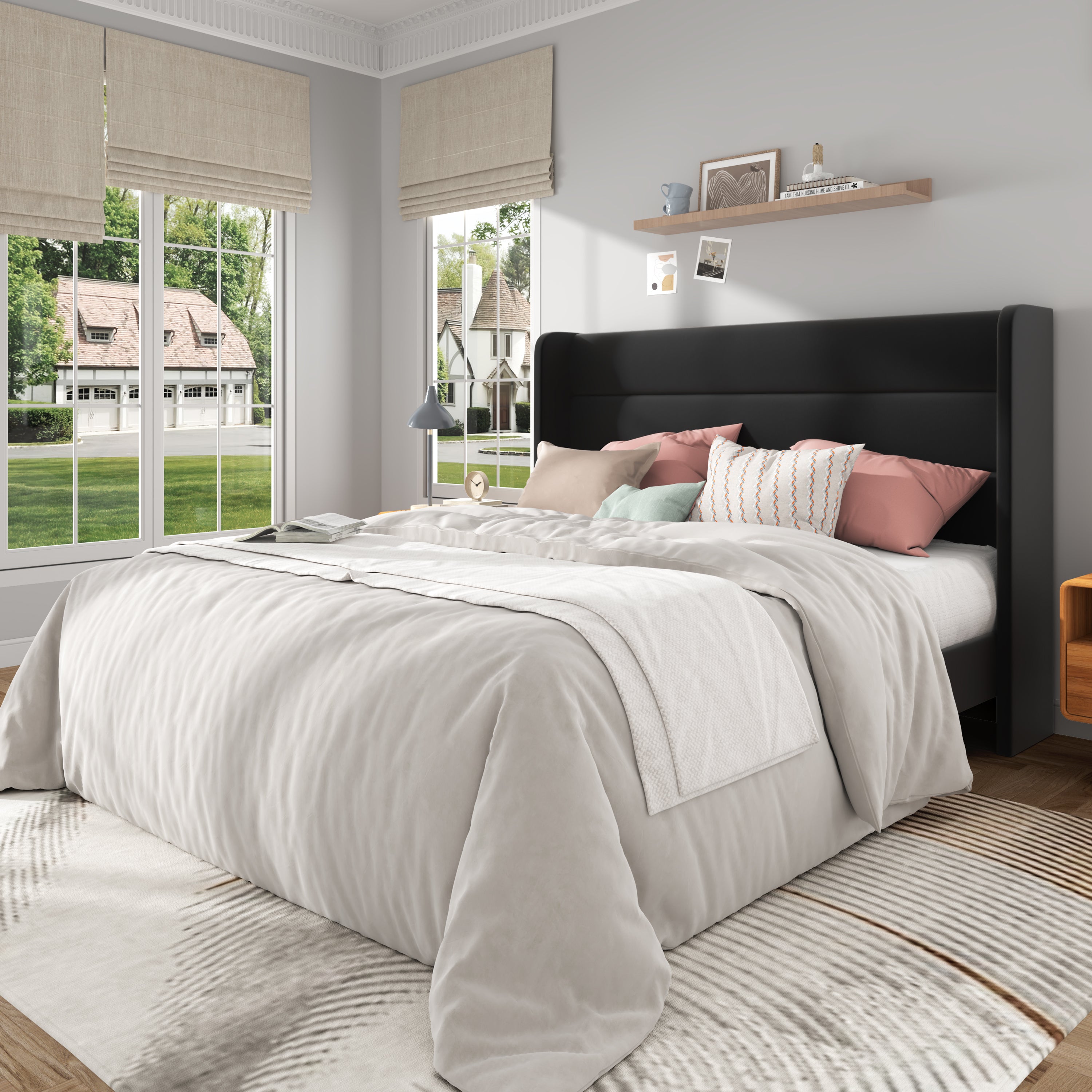 Frostbloom Bed Frame with  Upholstered Wingback Headboard, No Box Spring Needed