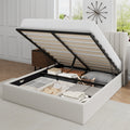 Frostbloom King Size Lift Up Velvet Bed with Vertical Striped Wingback Headboard and Under-bed Storage, Off-White