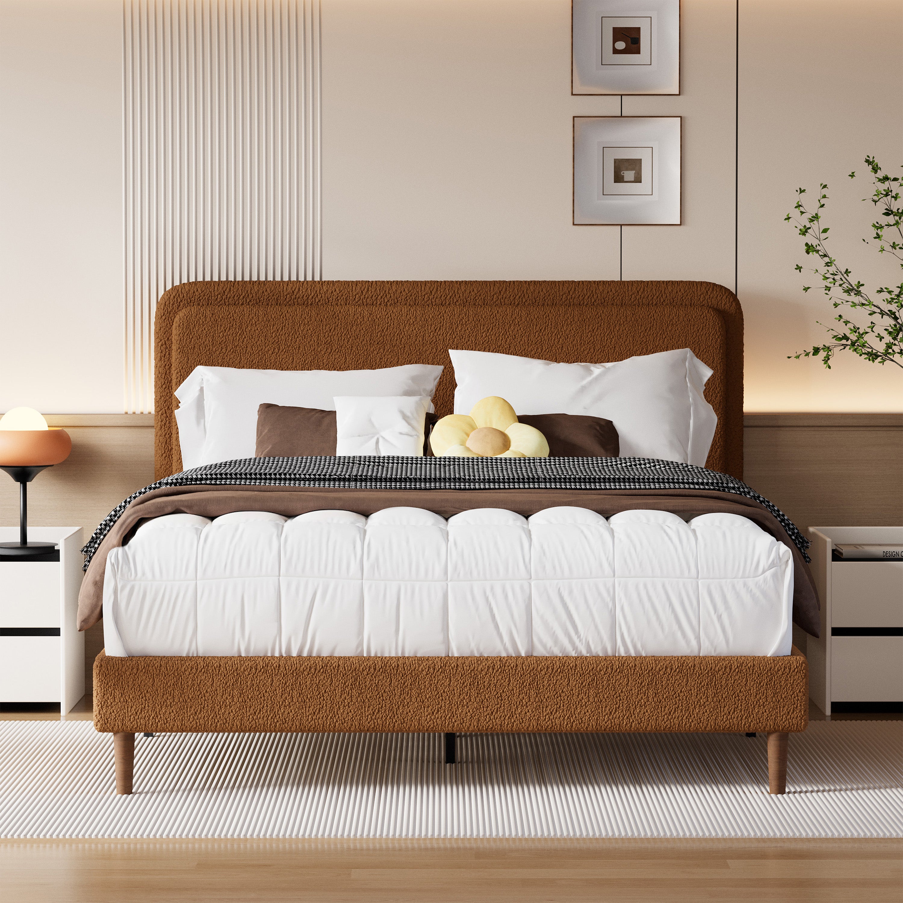 Frostbloom Queen Bed Frame with Boucle Adjustable Headboard, Cloud Style Upholstered Platform Bed, Brown