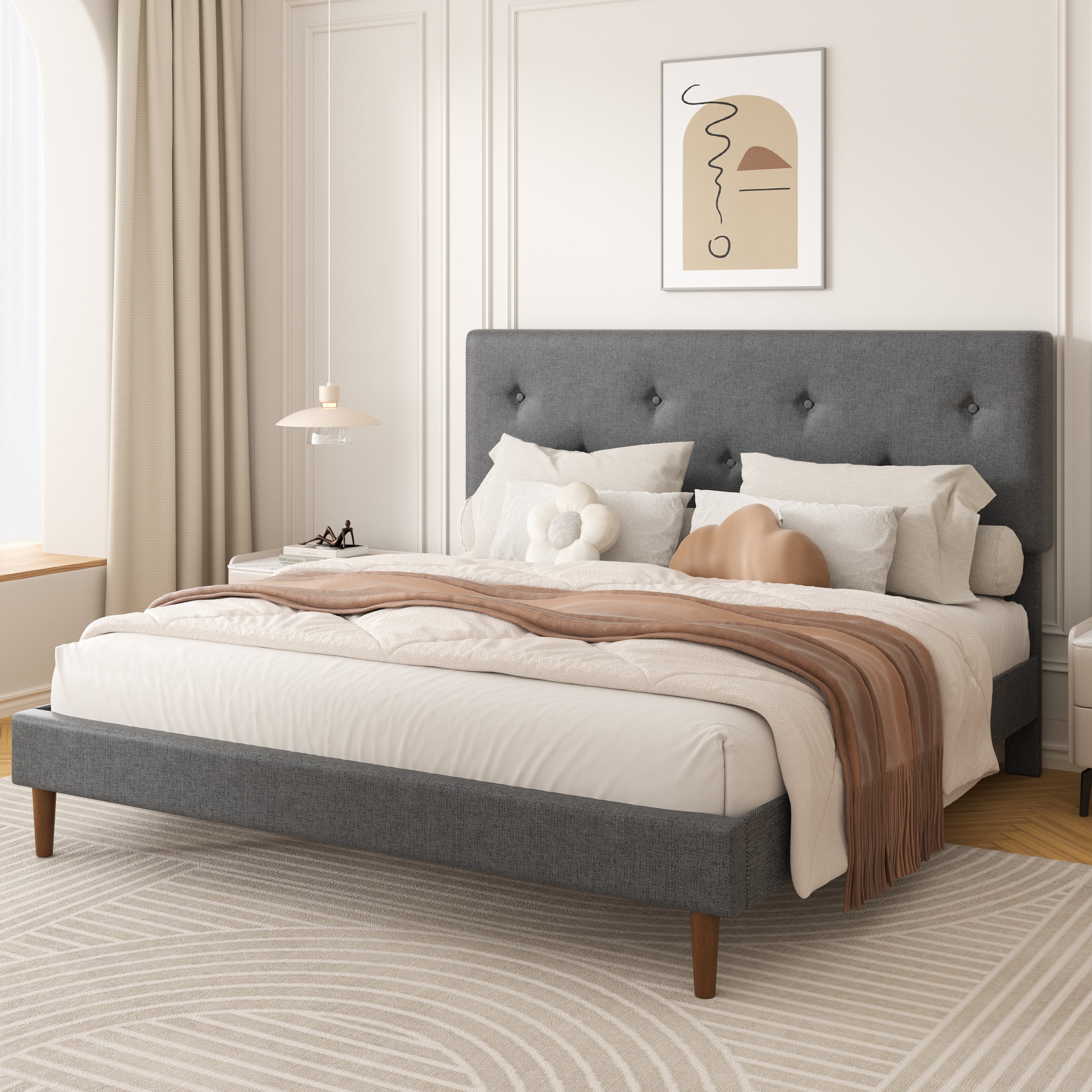 Frostbloom Linen Upholstered Platform Bed Frame with Adjustable Headboard