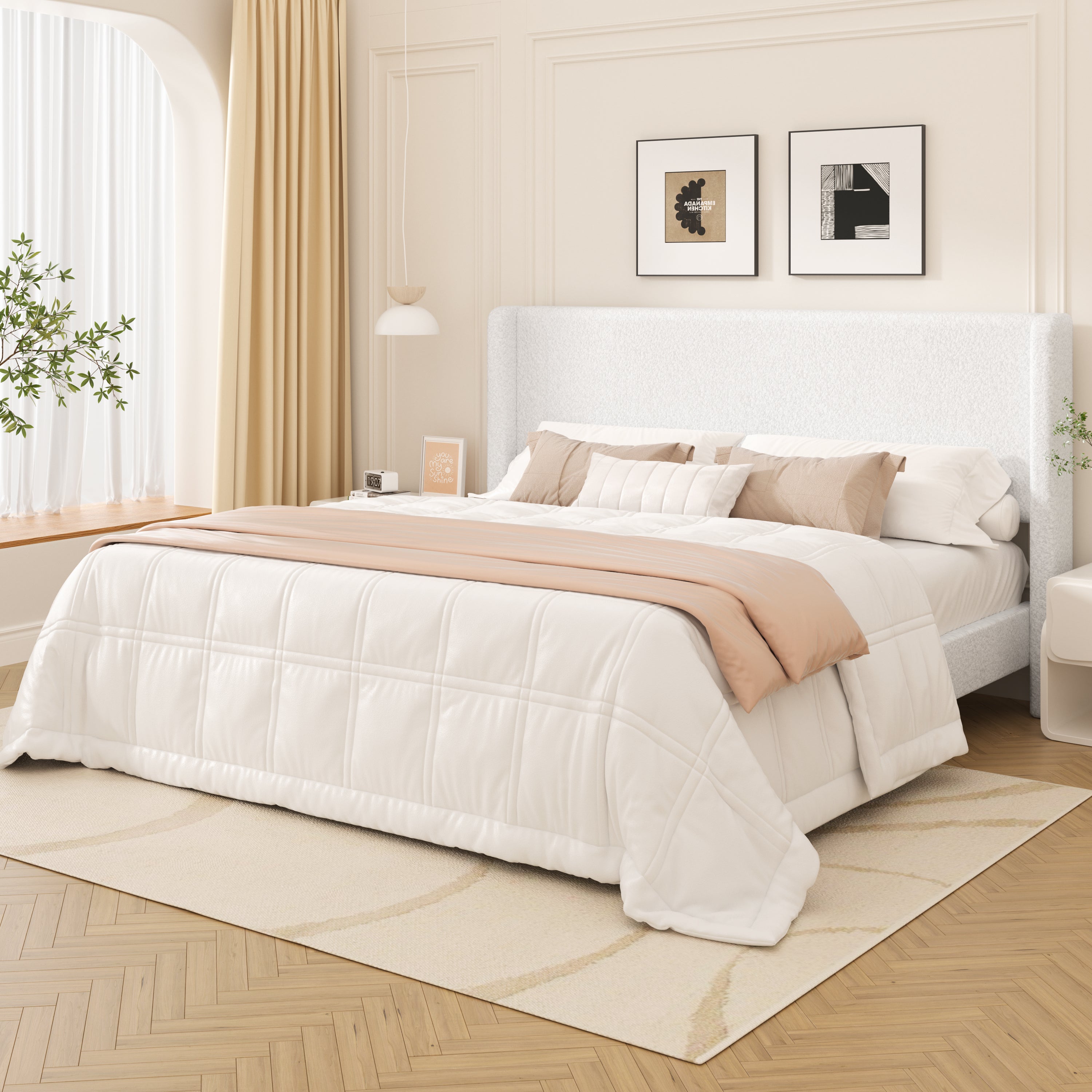 Frostbloom Boucle Upholstered Platform Bed Frame with Wingback Headboard
