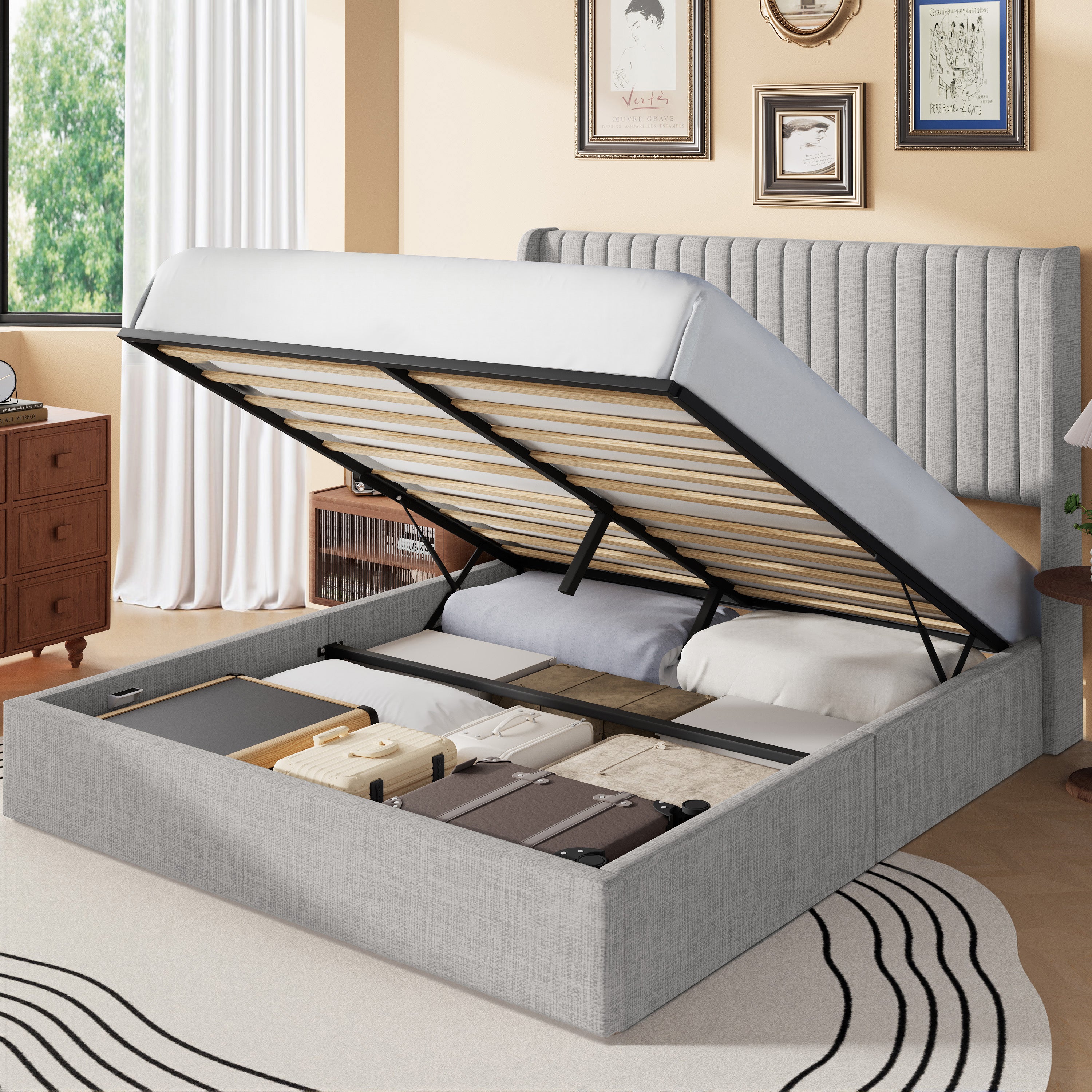 Frostbloom Lift Up Storage Bed with Wingback Headboard