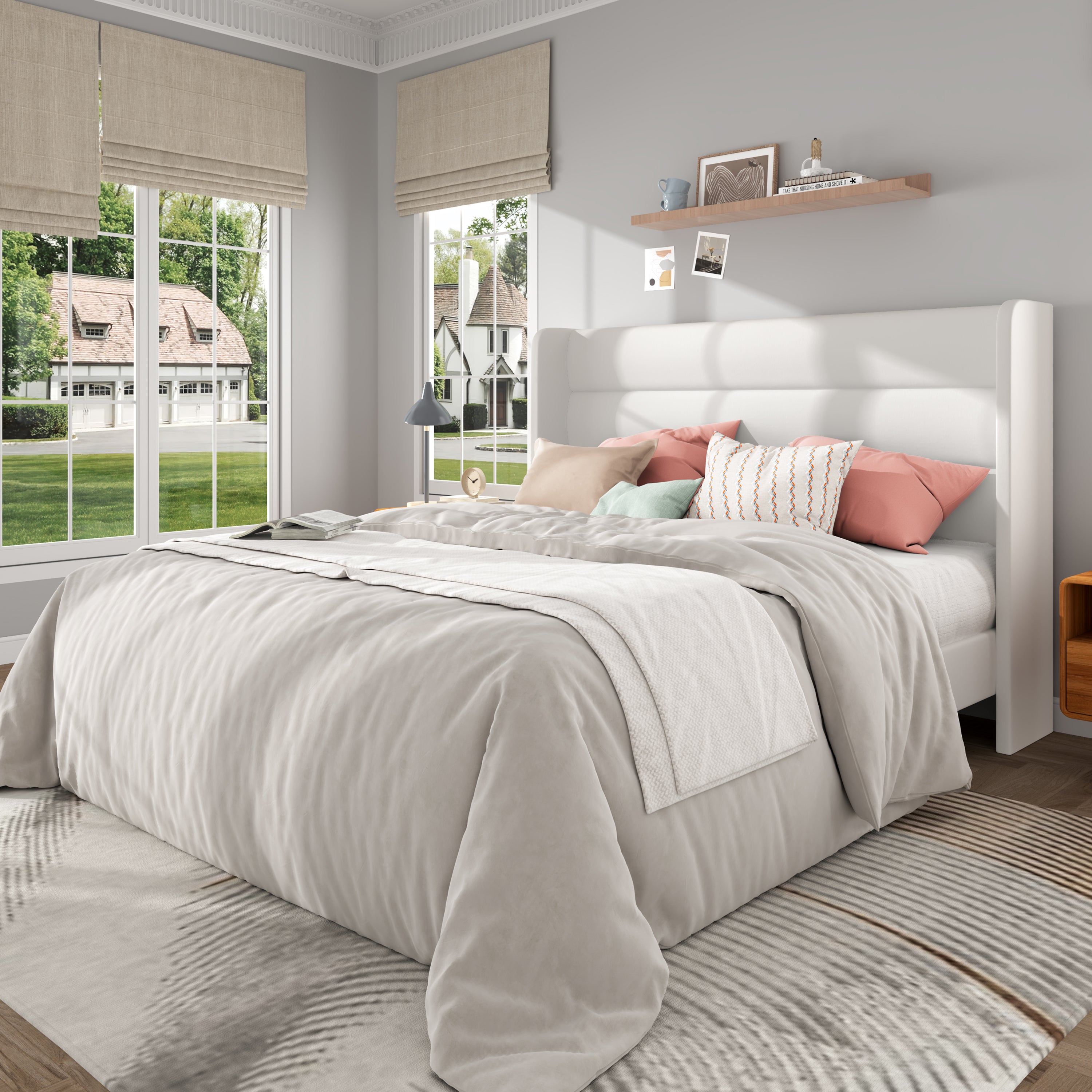 Frostbloom Bed Frame with  Upholstered Wingback Headboard, No Box Spring Needed