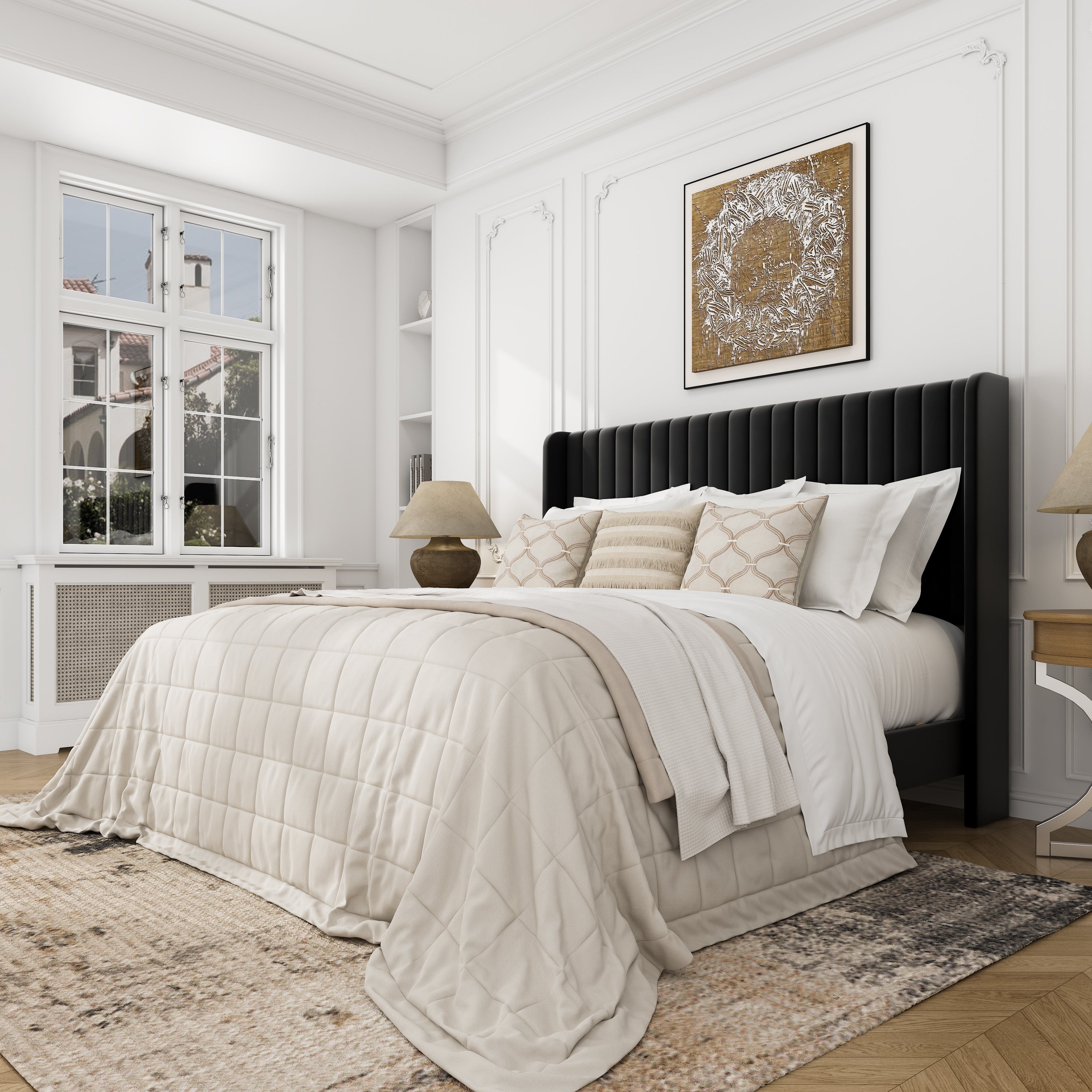 Frostbloom Velvet Upholstered Bed with Wingback Headboard