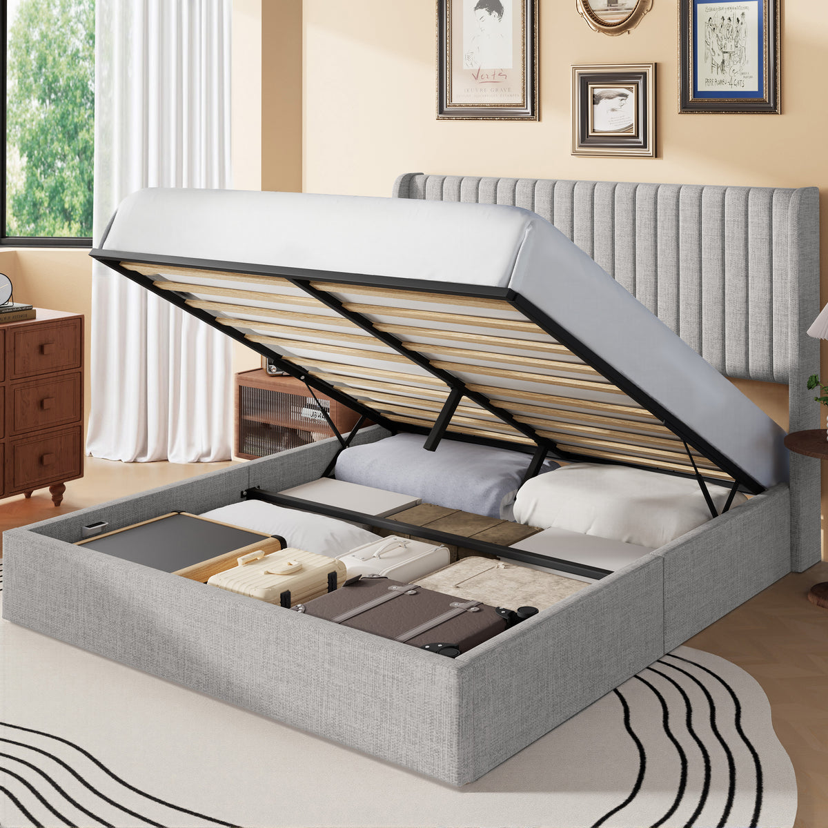 Frostbloom Queen Size Linen Fabric Lift Up Storage Bed with Wingback Headboard, Light Gray