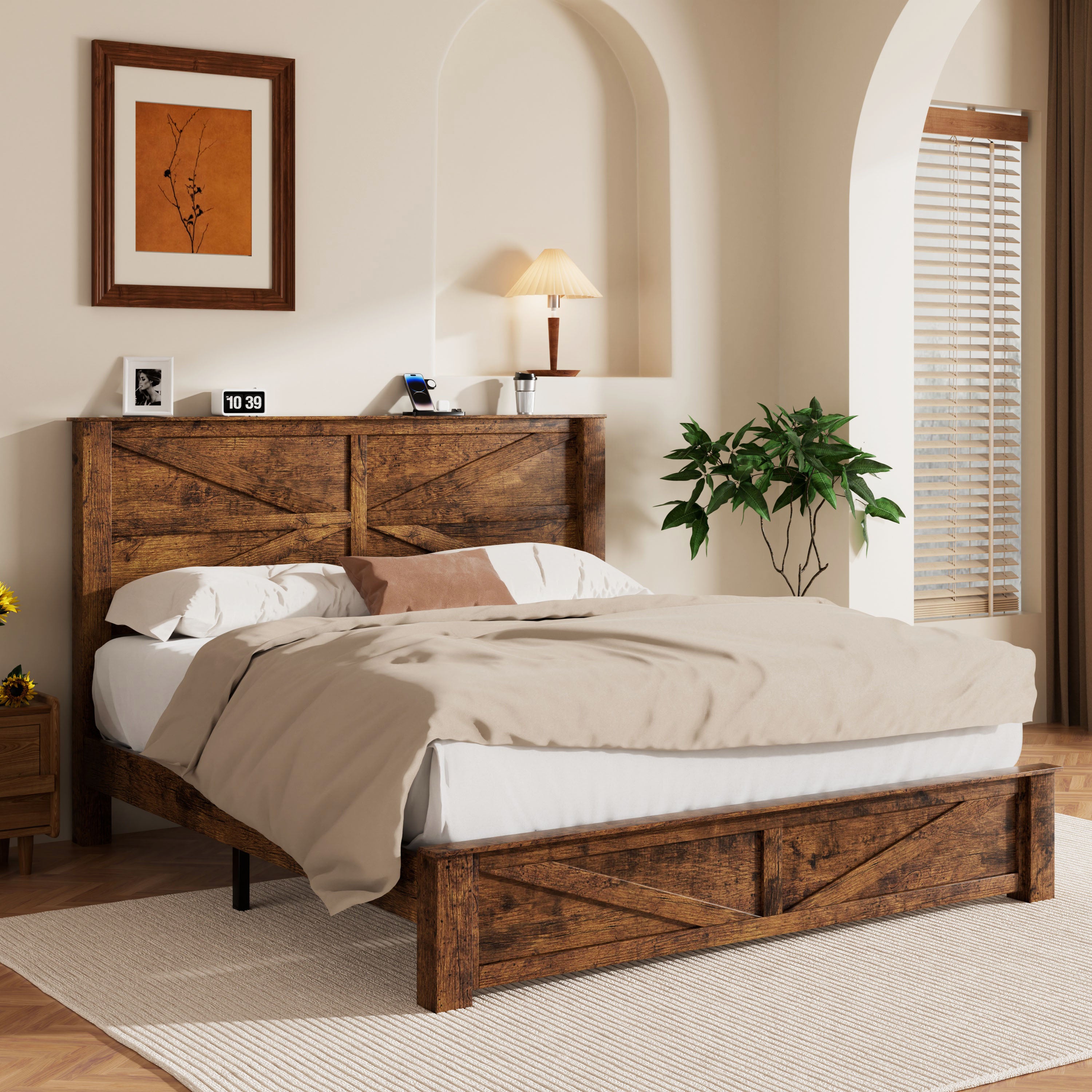 Frostbloom Platform Bed Frame with Wooden Headboard, Natural Wood Grain