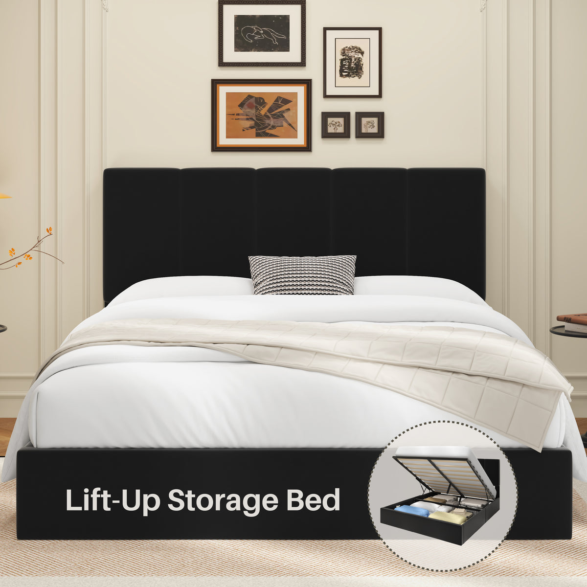 Frostbloom Full Size Lift-Up Storage Platform Bed with Velvet Wide Vertical Channel Tufted Upholstered Headboard, Black