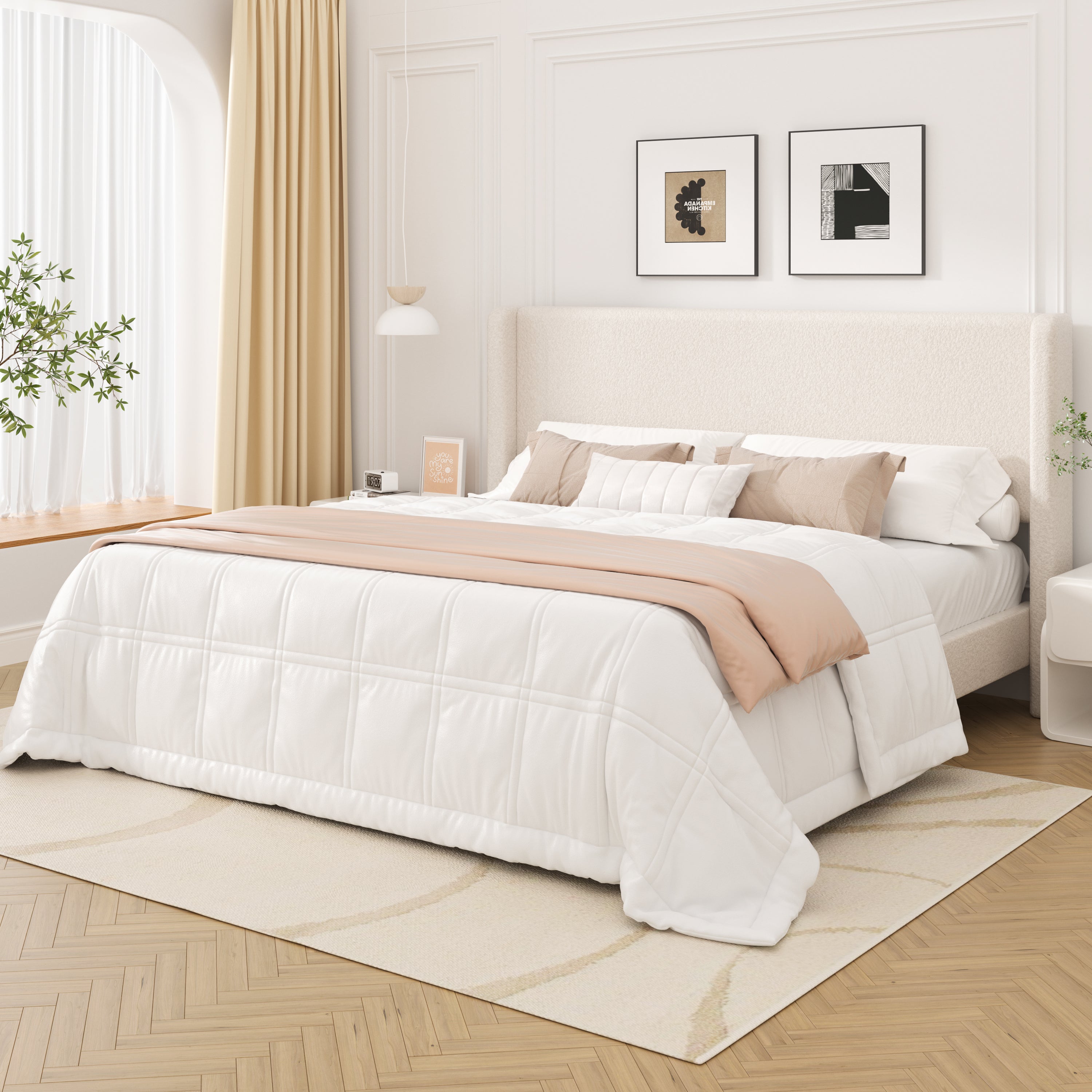Frostbloom Boucle Upholstered Platform Bed Frame with Wingback Headboard