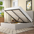 Frostbloom Queen Size Lift-Up Storage Platform Bed with Vertical-Stripe Velvet Upholstered Headboard, Beige