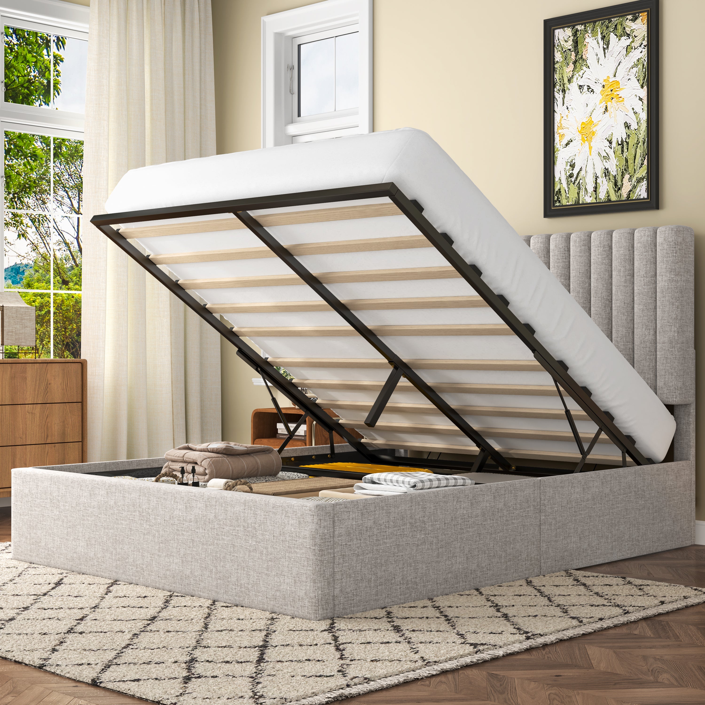 Frostbloom Lift-Up Storage Platform Bed with Vertical-Stripe Velvet Upholstered Headboard