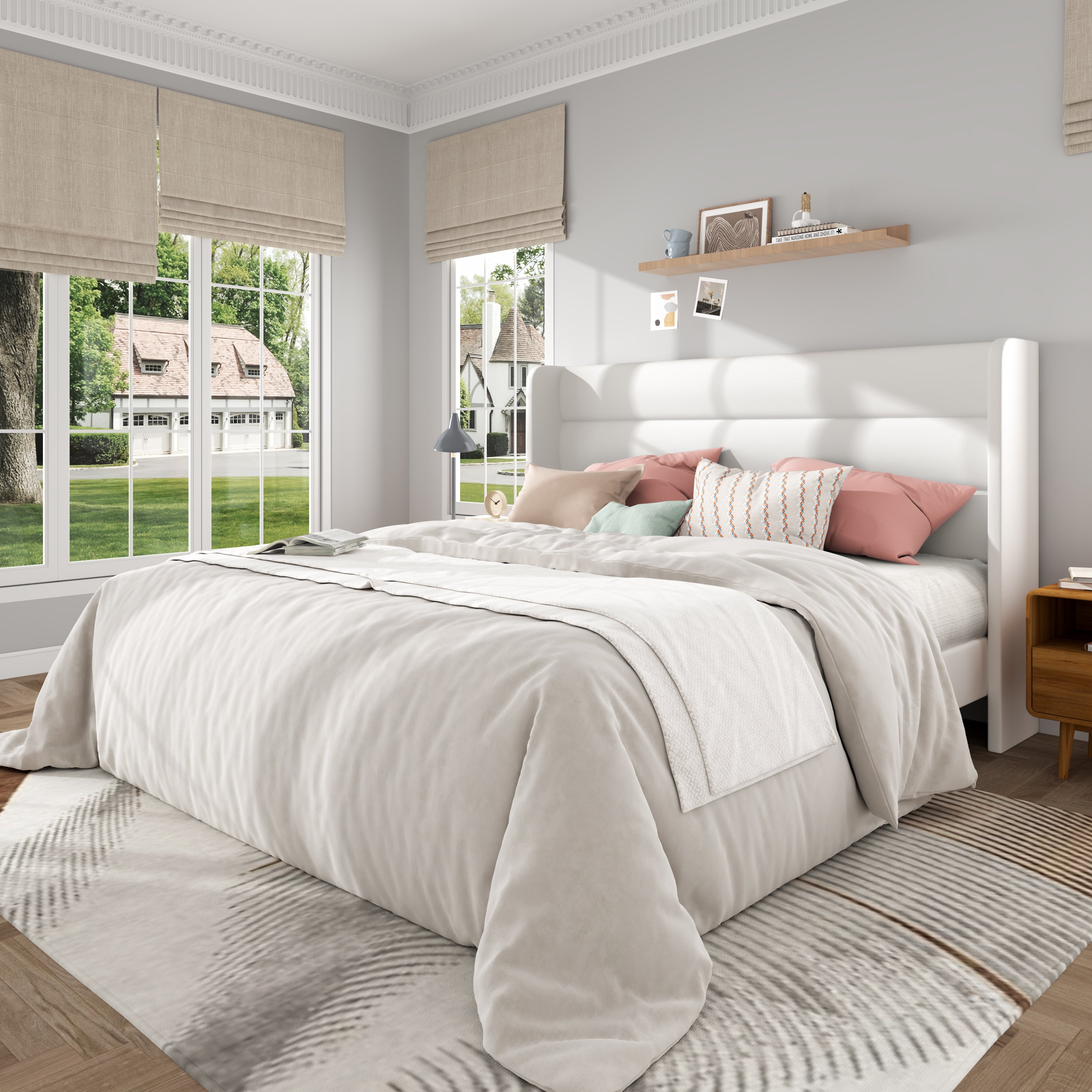 Frostbloom Bed Frame with  Upholstered Wingback Headboard, No Box Spring Needed