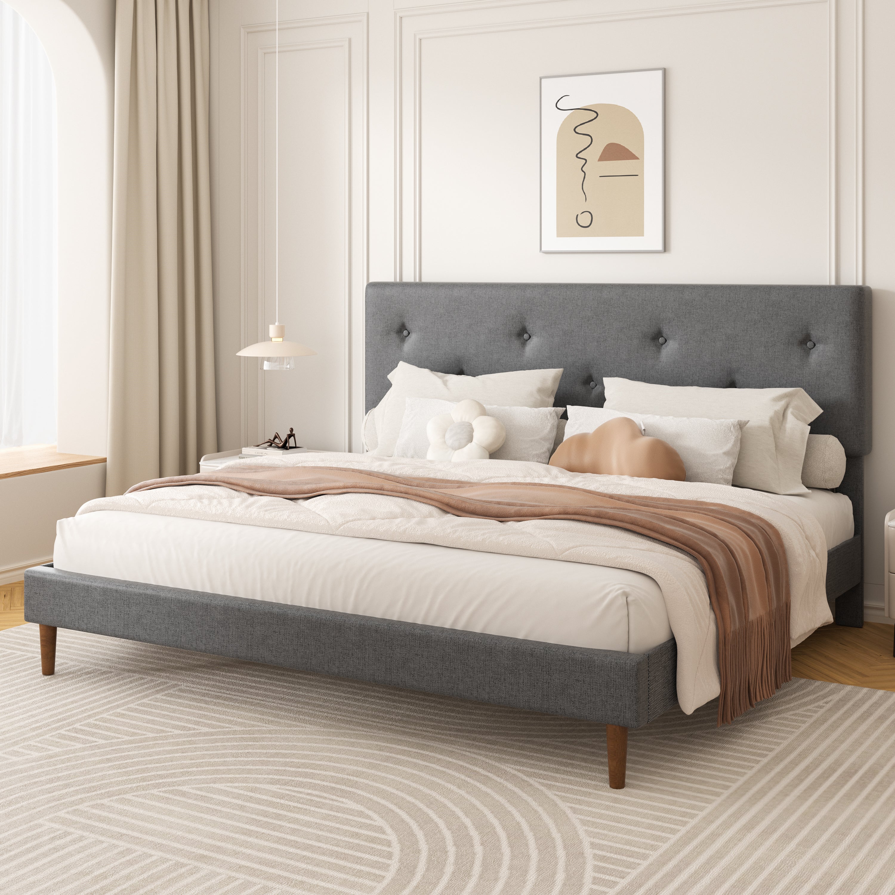 Frostbloom Linen Upholstered Platform Bed Frame with Adjustable Headboard