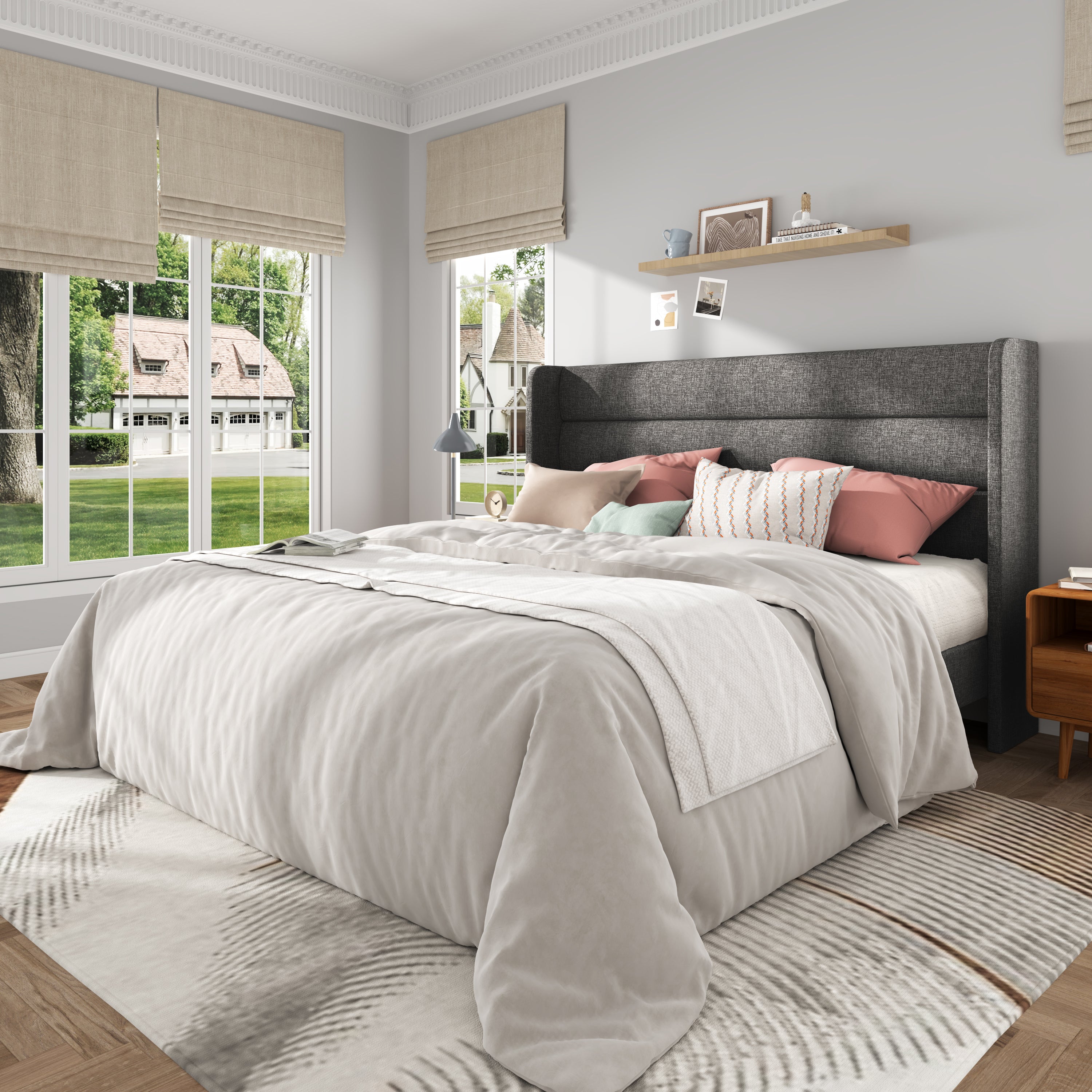 Frostbloom Bed Frame with  Upholstered Wingback Headboard, No Box Spring Needed